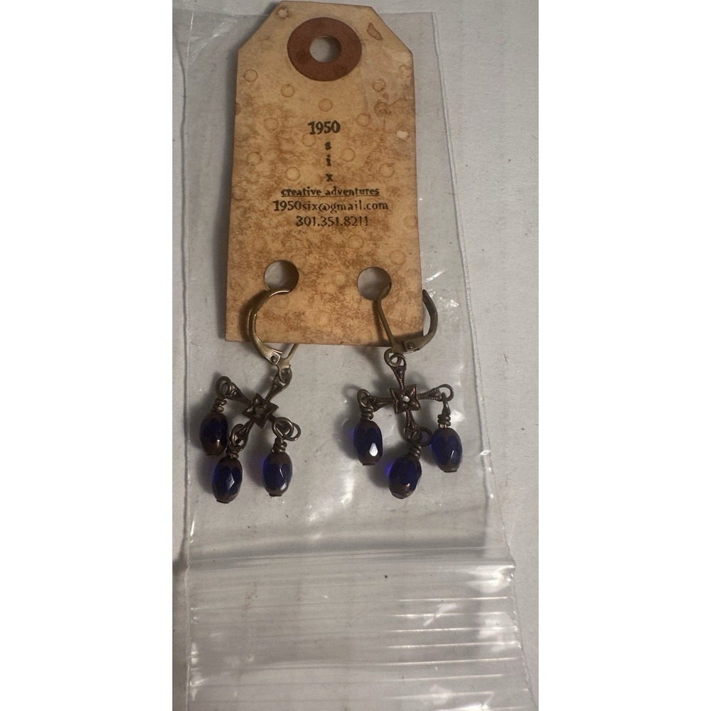 1950 six Handcrafted Cross Dangle Earrings Blue Glass Beads Silver Leverback